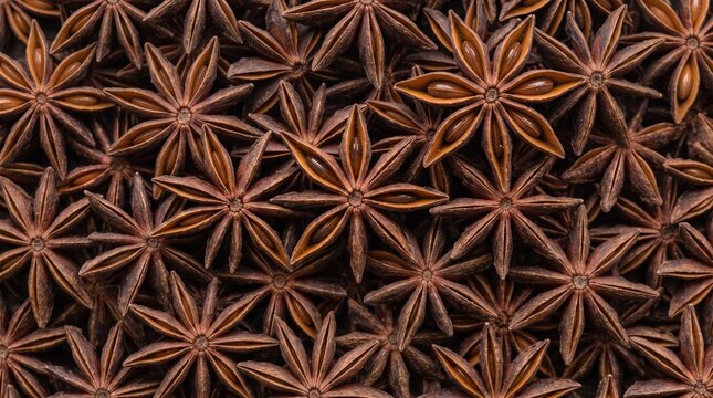 Dried star anise spice pods background pattern
