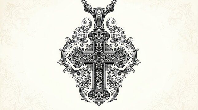 Modern Intricate Monochrome Orthodox Cross with IHS Christogram and Ornate Floral Designs on Light