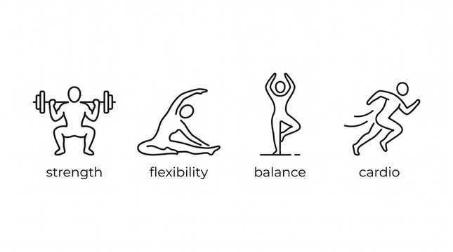 Minimal line drawings of fitness exercises, symbolizing strength, flexibility, balance, and cardio training in simplified workout illustration.