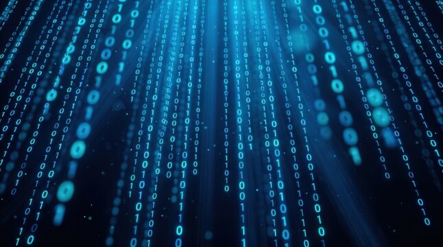 Falling blue binary code in a matrix style within a 3D technological space.