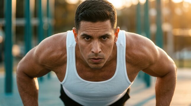 Intensely focused Hispanic man performing bodyweight push-ups in an outdoor gym setting.