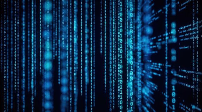 3D illustration of falling binary code in a matrix style within a technological space.