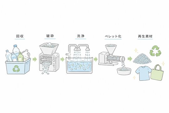 使用済みペットボトルを回収・破砕・洗浄・ペレット化して再生素材にするリサイクルのプロセスのイラスト