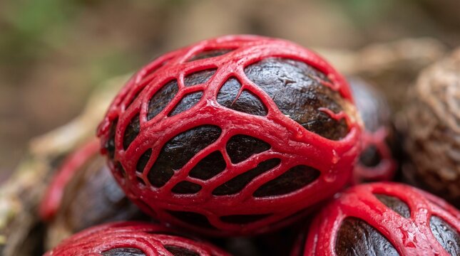 Fresh nutmeg seed with vibrant red mace aril