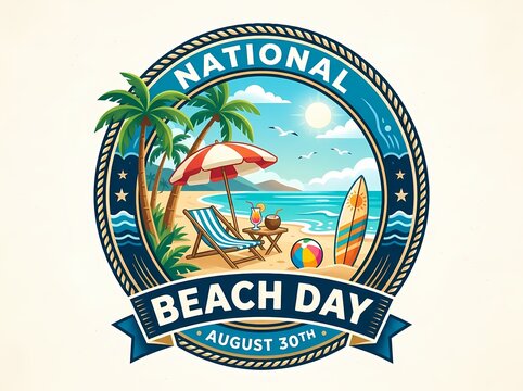 National Beach Day August 30th Vintage Badge Tropical Scene Emblem