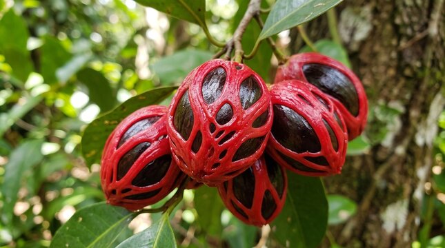 Fresh nutmeg seed with vibrant red mace aril