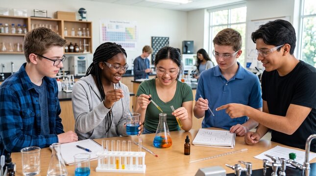 Diverse Students Conducting Science Experiment in School Laboratory