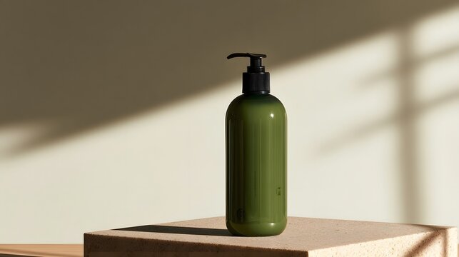 A green refillable pump bottle stands on a textured block against softly lit walls with natural shadows cast by window frames