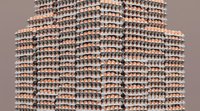 Massive tower of brown chicken eggs in stacked cardboard trays
