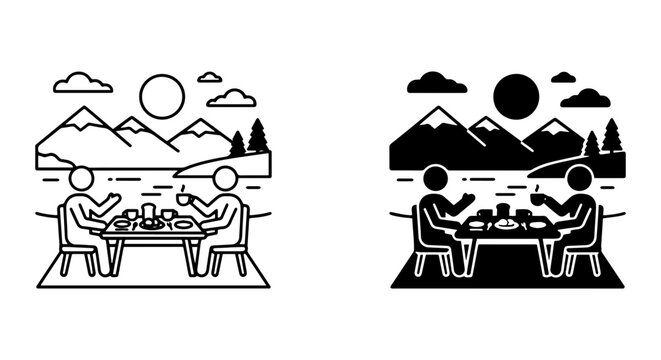 Outdoor Dining Icons, Couple Enjoying Meal by Mountains, Vector Set