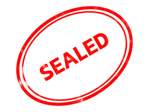 Red sealed rubber stamp icon, oval ink mark with sealed text, official document validation symbol on white background