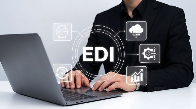 Businessman working on laptop with EDI Electronic Data Interchange business system