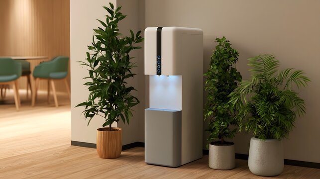 Modern water dispenser unit standing between potted plants in a bright indoor space with wooden flooring and neutral walls