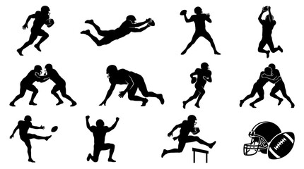 Fototapeta premium American Football Action Silhouette Vector Collection, 12 Black Sports Figures Running Passing Catching Tackling and Kicking