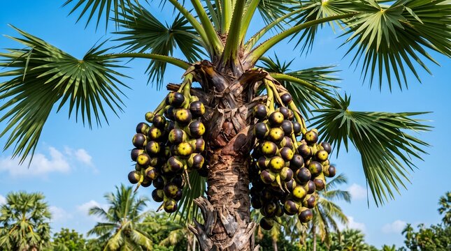 Cluster of Palmyra palm fruits on a sunny day