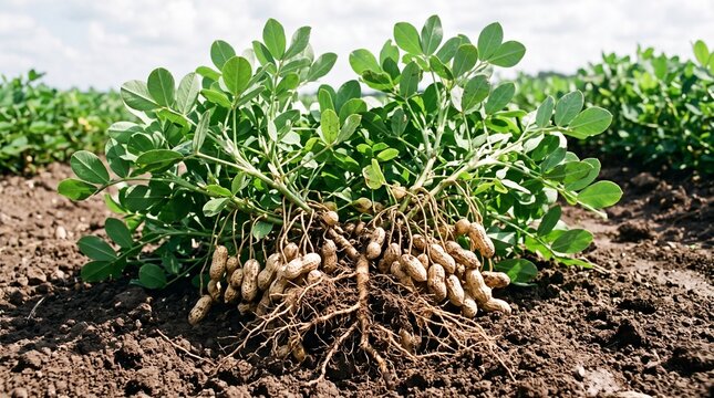 Peanut plants with roots and pods in field soil