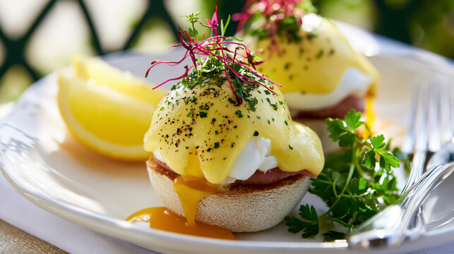 Eggs Benedict with flowing hollandaise sauce, delicate poached eggs, and savory ham on english muffins, garnished with herbs and a lemon wedge