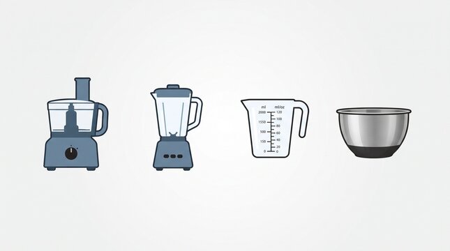 Black kitchen equipment icons featuring blender, food processor, measuring cup, and mixing bowl, designed for modern culinary preparation clarity.