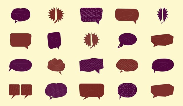 Set of flat cartoon speech and thought bubble icons in brown and purple illustration