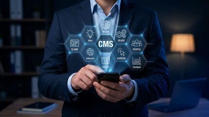 Fototapeta premium Businessman using smartphone with CMS content management system interface icons