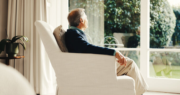 Thinking, calm or old man at window with inspiration, daydreaming or memory in chill mindset. Retirement, back and elderly person with reflection, flashback and peaceful perspective in home.