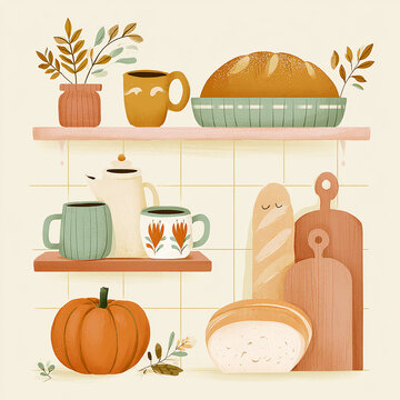Cozy autumn kitchen shelves with bread pumpkin and coffee mugs illustration