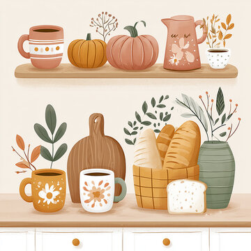 Autumn kitchen counter and shelf with bread basket pumpkins and floral mugs illustration