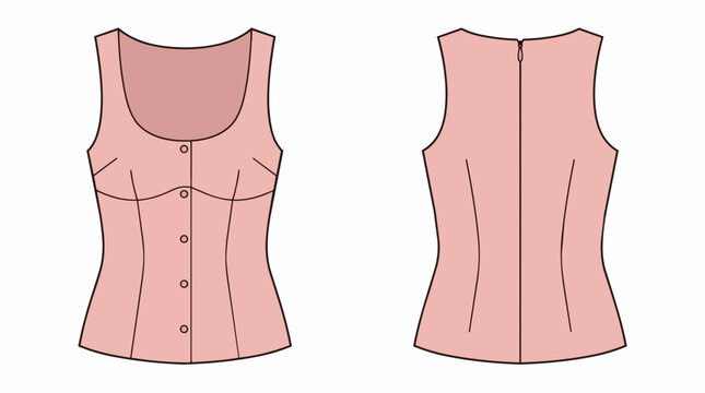 Women Sleeveless Button Front Bodice Top Technical Flat Fashion Sketch in Dusty Pink Showing Front and Back