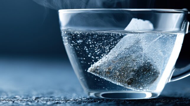 A teabag steeping in a clear glass mug filled with hot water, releasing steam and bubbles. The close-up shot highlights the brewing process with a dark, moody background