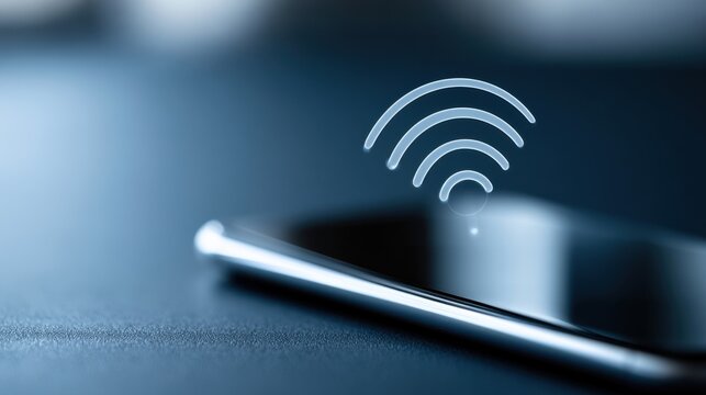 A close-up of a smartphone with a glowing Wi-Fi symbol above it. The image has a modern, digital feel