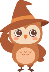 Fototapeta premium Cute Kawaii Brown Owl Wearing Witch Hat Saluting Wing, Spooky Magic Halloween Seasonal Bird, Friendly Happy Animal Character Single Object Isolated Minimalist Flat Design Style Art