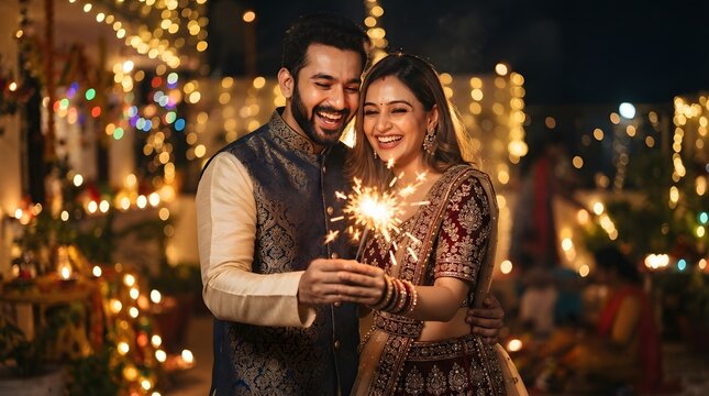 Happy indian couple celebrating diwali festival holding a sparkler together, wearing traditional ethnic clothing, festive bokeh lights background
