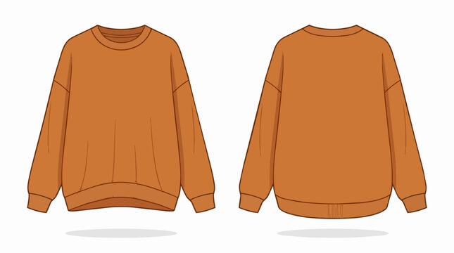 Caramel Brown Oversized Crewneck Sweatshirt Technical Drawing with Front and Back View for Fashion Design