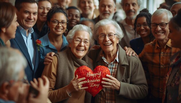 Happy senior couple holding a red heart shape celebrating Valentine Day with family