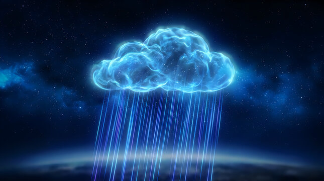 Pixel art rain cloud with blue falling rain in dark sky illustration