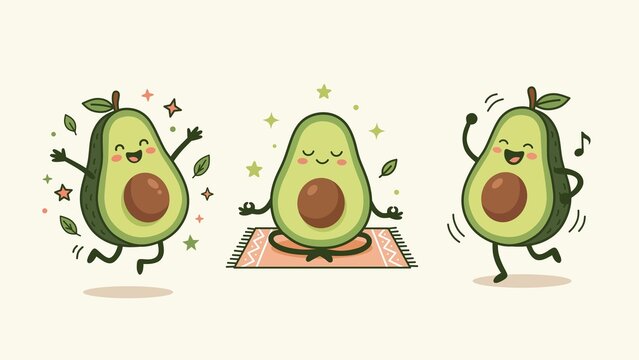 Cute kawaii avocado character set with jumping meditating and dancing poses flat vector illustration