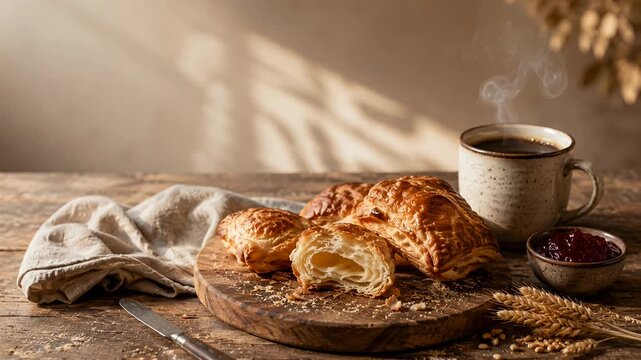 croissants coffee sunlit breakfast scene on wooden board with jam