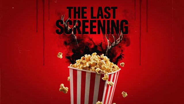 Horror movie poster concept with popcorn bucket and dark smoke on red background