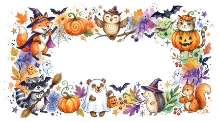Obraz premium Watercolor Halloween border with cute forest animals in costumes