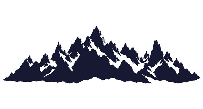Silhouette of a rugged snow-capped mountain range, jagged rocky peaks and alpine ridges, isolated graphic cutout element for outdoor adventure design on transparent background