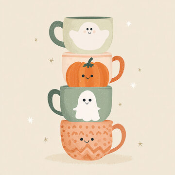 Stacked ceramic mugs with cute ghost character and smiling pumpkin cup cozy halloween illustration