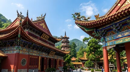Fototapeta premium Ancient chinese temple complex with ornate red and gold buildings surrounded by lush green hills.