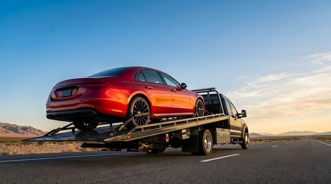 Digital photo of a luxury red sedan loaded securely on a flatbed tow truck driving on a highway during a desert sunset.