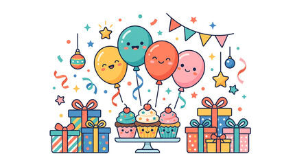 Fototapeta premium Colorful birthday celebration with balloons, gifts, and cupcakes.