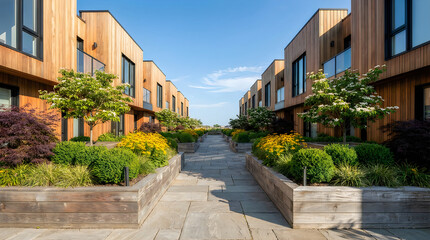 Naklejka premium Modern residential apartment buildings with green landscaping on a sunny day