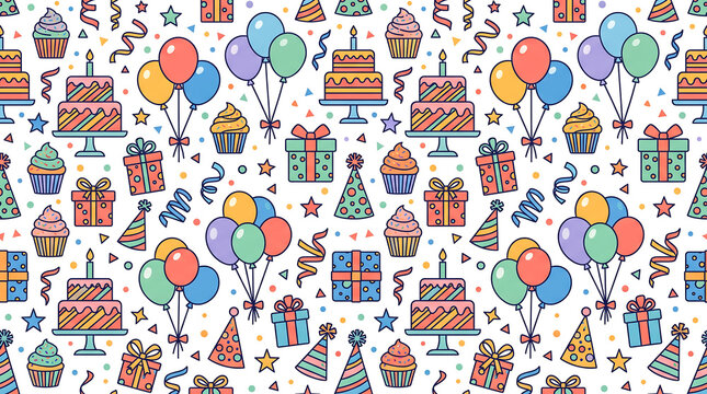 Colorful seamless pattern with birthday cakes and party decorations.