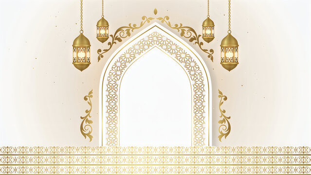 Islamic background with golden lanterns and arch, elegant ramadan kareem greeting card design template