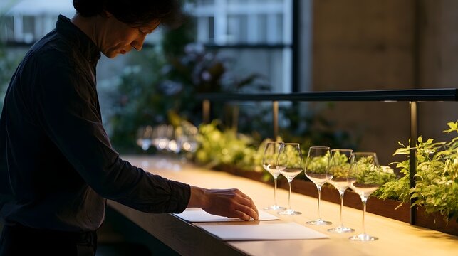 A person carefully arranging wine glasses on a wooden counter beside greenery under warm ambient lighting