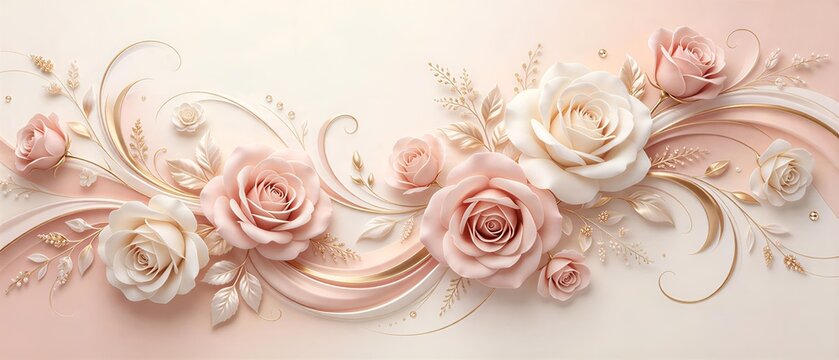 Elegant luxury floral wavy stream made of soft pink and ivory white rose flowers with smooth waves, leaves with golden accents, sweeping lines of slender vines and swirling scrolls, pastel background