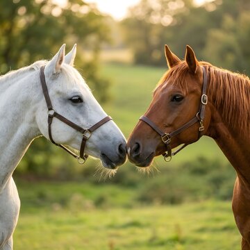 White and brown horses touching noses outdoors in a sunlit grassy field